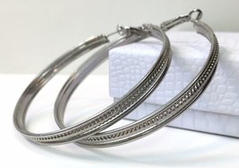 Huge Silver Tone Textured Hoop Earrings  Statement Jewelry Pierced Ears - $8.00