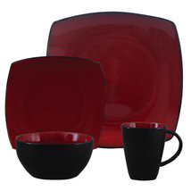 Soho Lounge 16 Piece Square Stoneware Dinnerware Set Red Black - £65.54 GBP