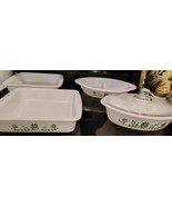 5 Pc Set Glasbake USA White Milk Glass /Green Crazy Daisy Casserole Dishes - $1,096.41 MXN