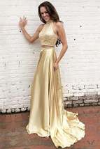 Gold Open Back Two Piece Prom Dress, A-line Satin Formal Gown - £139.80 GBP