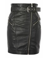 Woman Lambskin Leather Mini Skirt &amp; Belted Zip Front Cuir Schwarz Soft B... - £100.12 GBP