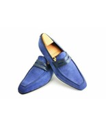 Handmade Men Original Blue Suede Loafers Slip On Shoes for Men - £109.05 GBP