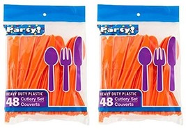 Heavy Duty Plastic Cutlery Set in Orange 32 Spoons 32 Forks 32 Knives - £7.67 GBP
