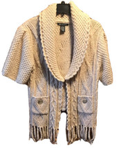 Chunky Cable Knit Wool Blend Cardigan Sweater Short Sleeve Fringe Beige ... - £20.00 GBP