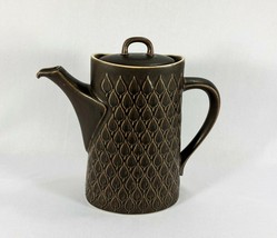 Mid Century Tall Pottery Coffee Pot Raised Leaves Pattern Chocolate Brown - $13.08