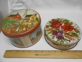 2 old vintage rustic round Tin Canisters Farm scarecrow Scene &amp; Flowers  - $4.00