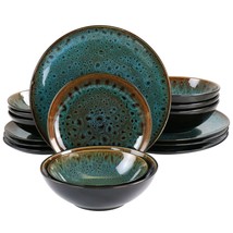 Gibson Elite Kyoto Teal Double Bowl 16 Piece Stoneware Dinnerware Set in Teal a - £88.21 GBP