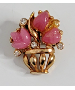 Pink Glass Flowers Rhinestones Gold Tone Basket Pot Floral Vintage Pin B... - £15.92 GBP