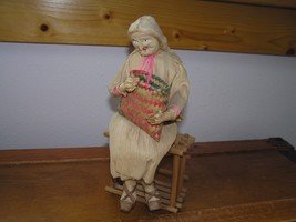 Vintage Handcrafted Corn Husk Elderly Woman with Woven Harvest Basket Sitting on - £11.18 GBP