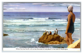 Pacific Ocean Long Beach Washington Vintage Swimsuit Postcard Unposted - £3.90 GBP