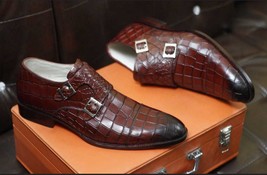 Handmade Men&#39;s Bespoke Embossed Alligator Leather Maroon Monk Strap Dress Shoes - £143.43 GBP+