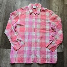 Villager Sport Liz Claiborne Top Pink Womens Size Small Linen Shirt Plaid Untuck - £15.77 GBP
