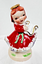 Vintage Christmas Brunette Angel Girl w Harp Spaghetti Trim Figurine 4&quot; ... - $28.22
