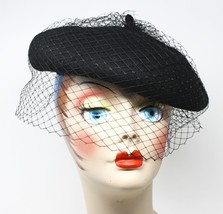 Black Wool Felt Beret w Veil Netting for Church Party Retro Style Hat - ... - £20.71 GBP