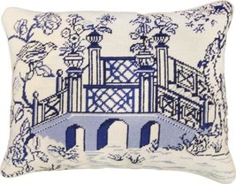 Pillow Throw Blue Bridge 16x20 20x16 Ivory Wool Cotton Velvet Needlepoint - £218.41 GBP