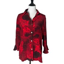 Nora Noh Womens Red Floral Pattern Blouse 100% Silk Bell Sleeves Top Siz... - $29.69