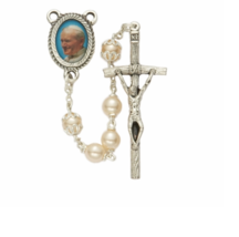 Pearl Beads And Pope John Paul Ii Photo Center Rosary Cross Crucifix - £31.59 GBP