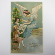 Christmas Postcard Angel Victorian Boy Girl Tree Gel Coat Gold Embossed Antique - £23.50 GBP