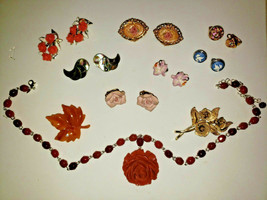 Vintage 6 Pairs Clip On Earrings Carved Necklace 2 Avon Brooches 2 Earri... - $22.99