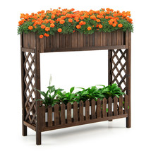 2-Tier Wood Raised Garden Bed Elevated Planter Box with Storage Shelf & Fence - £101.75 GBP