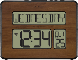 Atomic Large Full Digital Calendar Clock Square Walnut Plastic NEW - $42.58