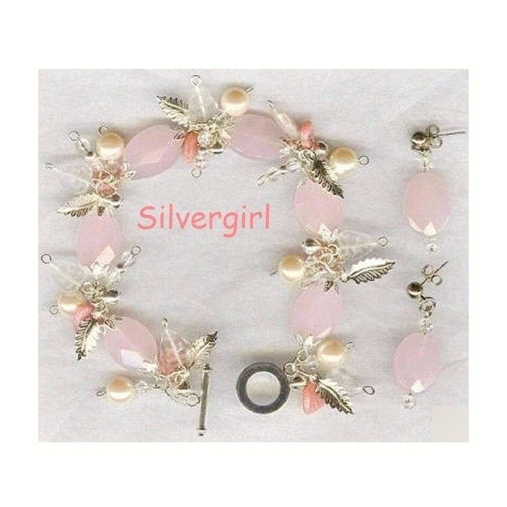 Primary image for Rose Quartz Crystal Silver Charm Bracelet and Earring Set