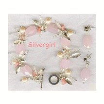 Rose Quartz Crystal Silver Charm Bracelet and Earring Set - $36.99