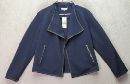 Calvin Klein Cardigan Jacket Women Large Navy Zip Pocket Leather Trim Open Front - £33.24 GBP