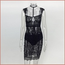 Elegant Evening Black Lace Party Club Mini Dress Includes Black Hip Panties  image 3