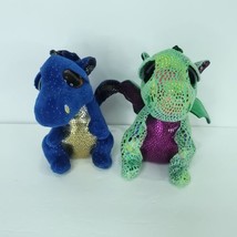 Lot of 2 Ty Beanie Boos Cinder Green Dragon Blue Saffire Sparkle Eyes Pl... - £17.82 GBP