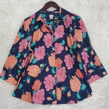 Chicos Shirt Womens 2 US 12 No Iron Stain Shield Button Front 3/4 Sleeve Flowers - £19.10 GBP