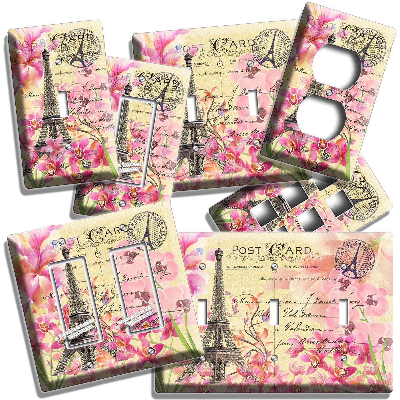 RETRO EIFFEL TOWER FLOWERS PARIS LOVE POST CARD LIGHT SWITCH OUTLET PLATES DECOR