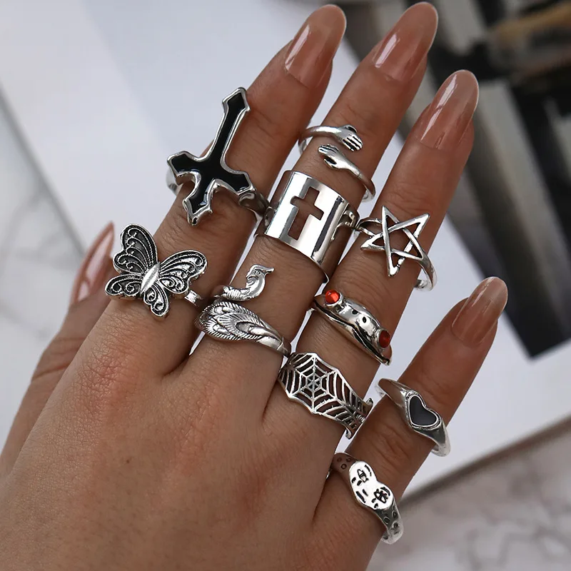 Vintage Silver Plated Cross Ring for Women Gothic Punk Steampunk Crying Face But - £11.74 GBP