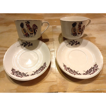 Vintage Japan Cup And Saucer Plater 2x Set White Floral Rooster Stamp - $16.27 CAD