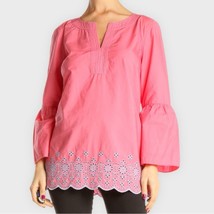 TALBOTS pink bell sleeve cotton notch collar blouse w/blue eyelet trim size XLP - £22.42 GBP