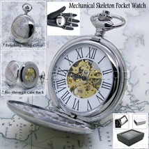 Pocket Watch Mechanical Skeleton Silver Color 47 MM for Men with Fob Chain P42 - £26.37 GBP