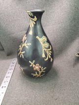 Black Hand Crafted Earthenware Etched Vase with Painted Floral Design - 11&quot; Tall - £11.77 GBP