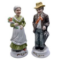 Vintage Country Old Man &amp; Woman Set 2 Figurines Porcelain Bisque Flower Bouquet - £22.15 GBP