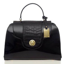 AURA Italian Made Genuine Black Patent Leather Tote Handbag with Croc De... - $421.85
