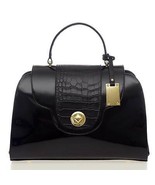 AURA Italian Made Genuine Black Patent Leather Tote Handbag with Croc De... - $417.63