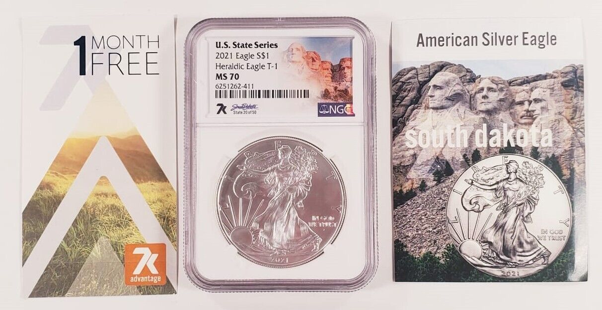 Primary image for 2021 T1 S$1 Silver Eagle State Series South Dakota 20/50 Graded by NGC as MS-70