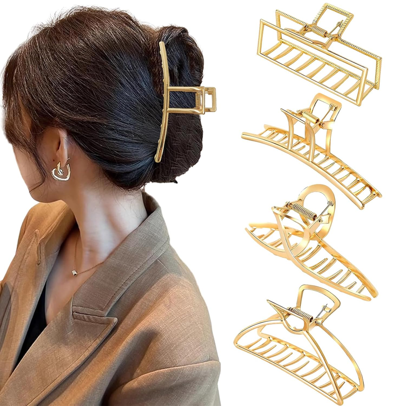 4 Pack Large Gold Hair Claw Clips for Women Thick Hair, French Design Metal Cros Item image 11