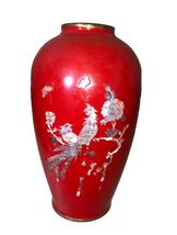 Vintage Red Enamel Over Brass With Mother Of Pearl Floral &amp; Birds Vase 8... - $30.66