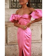 Long Satin Prom Dress with Puff Sleeves,Unique Evening Gowns - £99.84 GBP