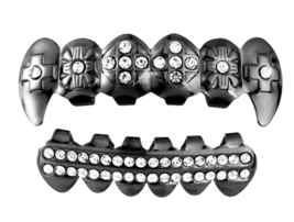 Hip Hop Gun Metal Mouth Teeth Grills Grillz Upper &amp; Lower Set Cross Fangs + Mold - £8.68 GBP