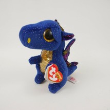 Ty Beanie Boo Blue Winged Dragon Saffire Gold Glitter Eyes 6 inch 2016 - £10.94 GBP