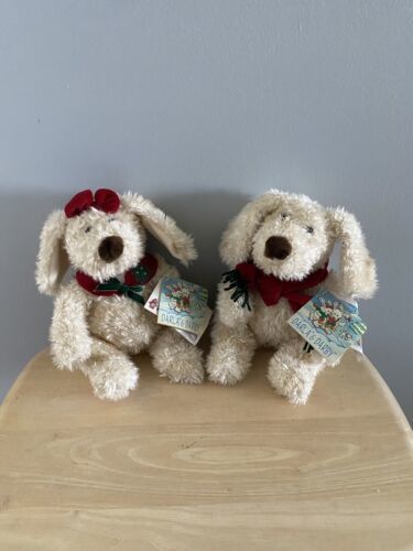 Primary image for Vtg Darla & Darby Puppy Dog Plush 10" Cream Plush Dogs Christmas Toys R US Set