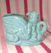 Sweet Vintage 1950&#39;s Pixie Elf Riding Blue Swan Ceramic Pottery Vase or Planter - £5.51 GBP