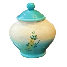 Small Jar Pot with Lid Turquoise White Ceramic 3 Inch Partially Glazed Vintage - £6.87 GBP