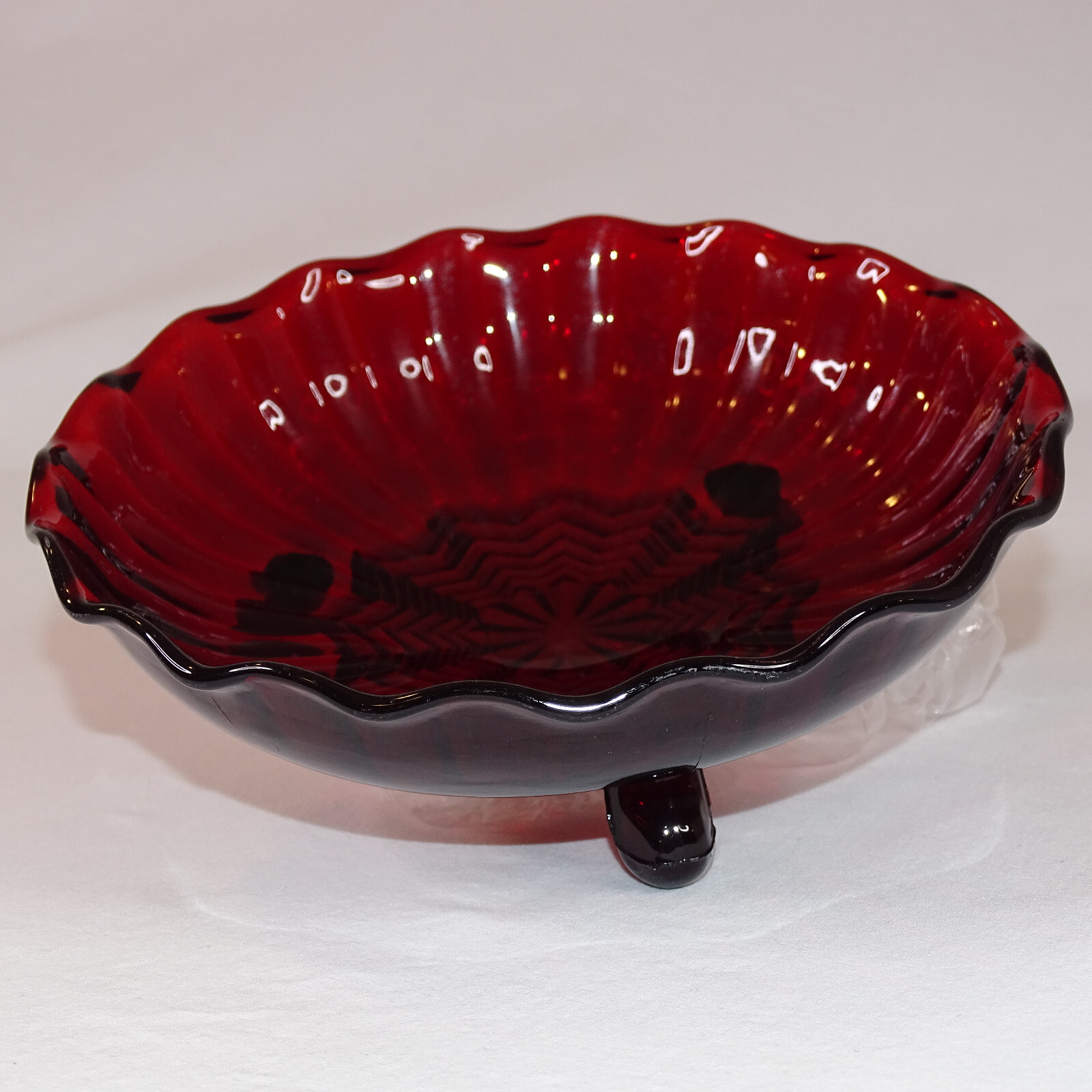 VINTAGE Anchor Hocking Rich Royal Ruby Red Glass Dish 3-footed Scallop E... - $19.50